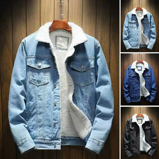 Men's Thicken Lamb Cashmere Lined Jean Jacket - Coldproof Winter Denim Coat