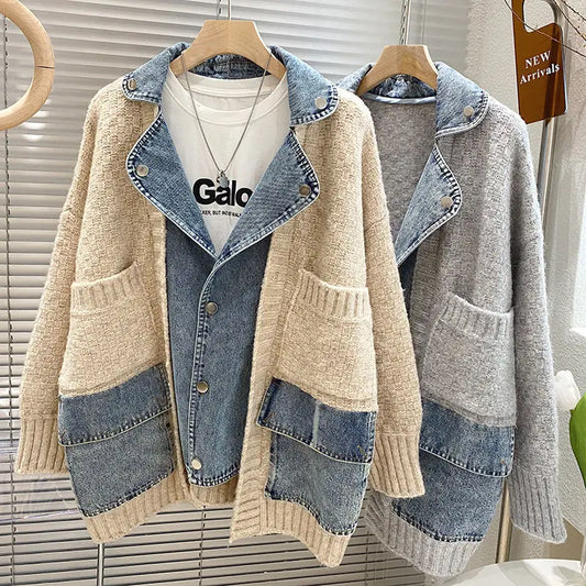 2023 New Autumn Winter Women's Splicing Denim Jacket - Long Sleeve Jean Cardigan